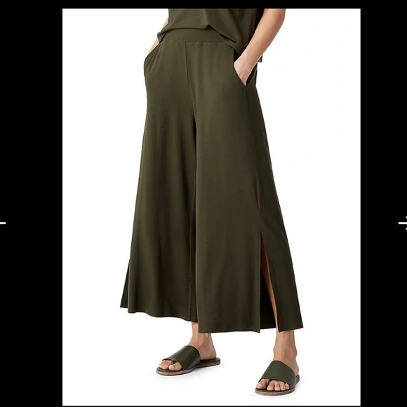 Eileen Fisher Fine Jersey Wide Leg Cropped Slit Pants Black Women's Size L - Picture 3 of 13